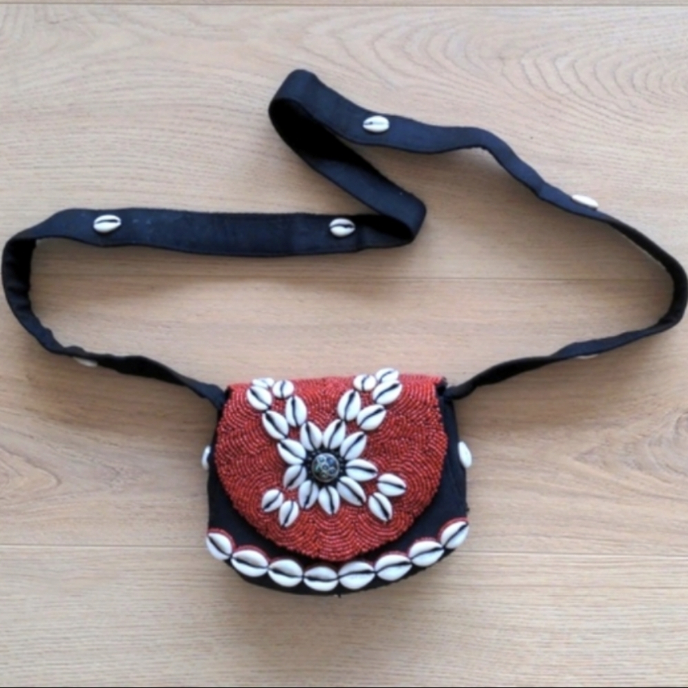 New handmade Tibetan black/red crossbody bag w natural turquoise & cowrie shells